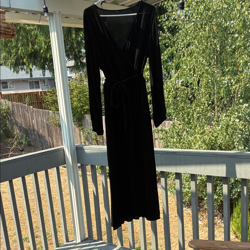 Classic Black Wrap Maxi Dress - Elegant Long Sleeve